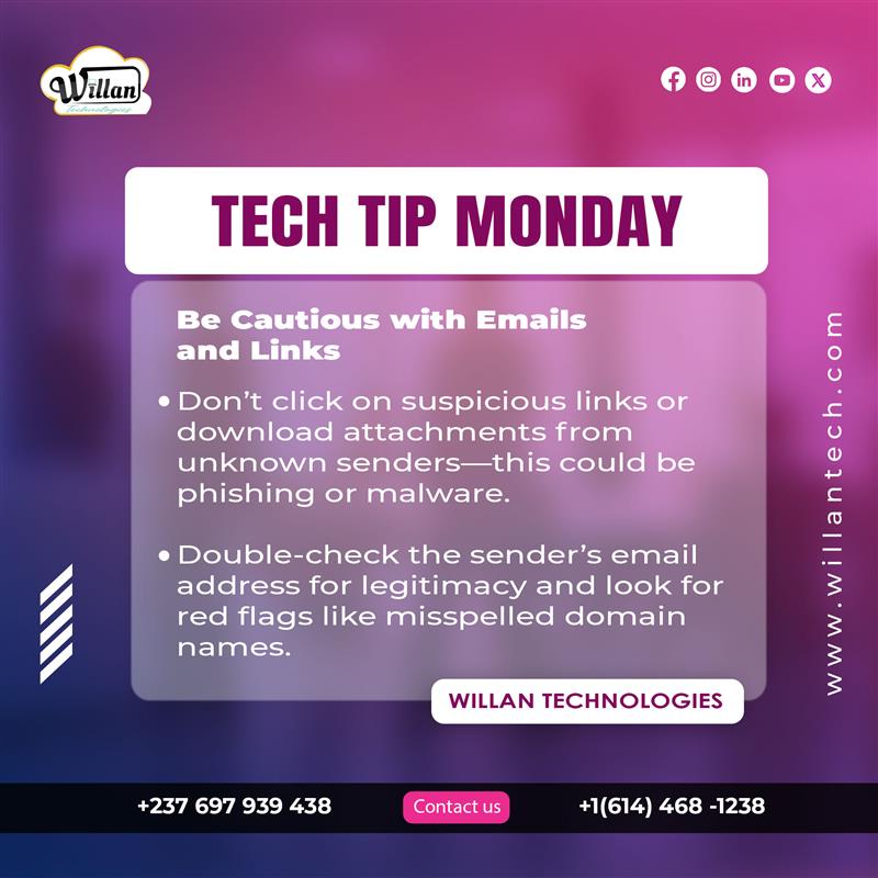 willantech's tweet photo. Tech Tip Monday: Stay Safe Online!

🚫 Be Cautious with Emails and Links 🚫
Don’t click on suspicious links or download attachments from unknown senders—they could be phishing attempts or malware. https://t.co/vwvTwyzg2R