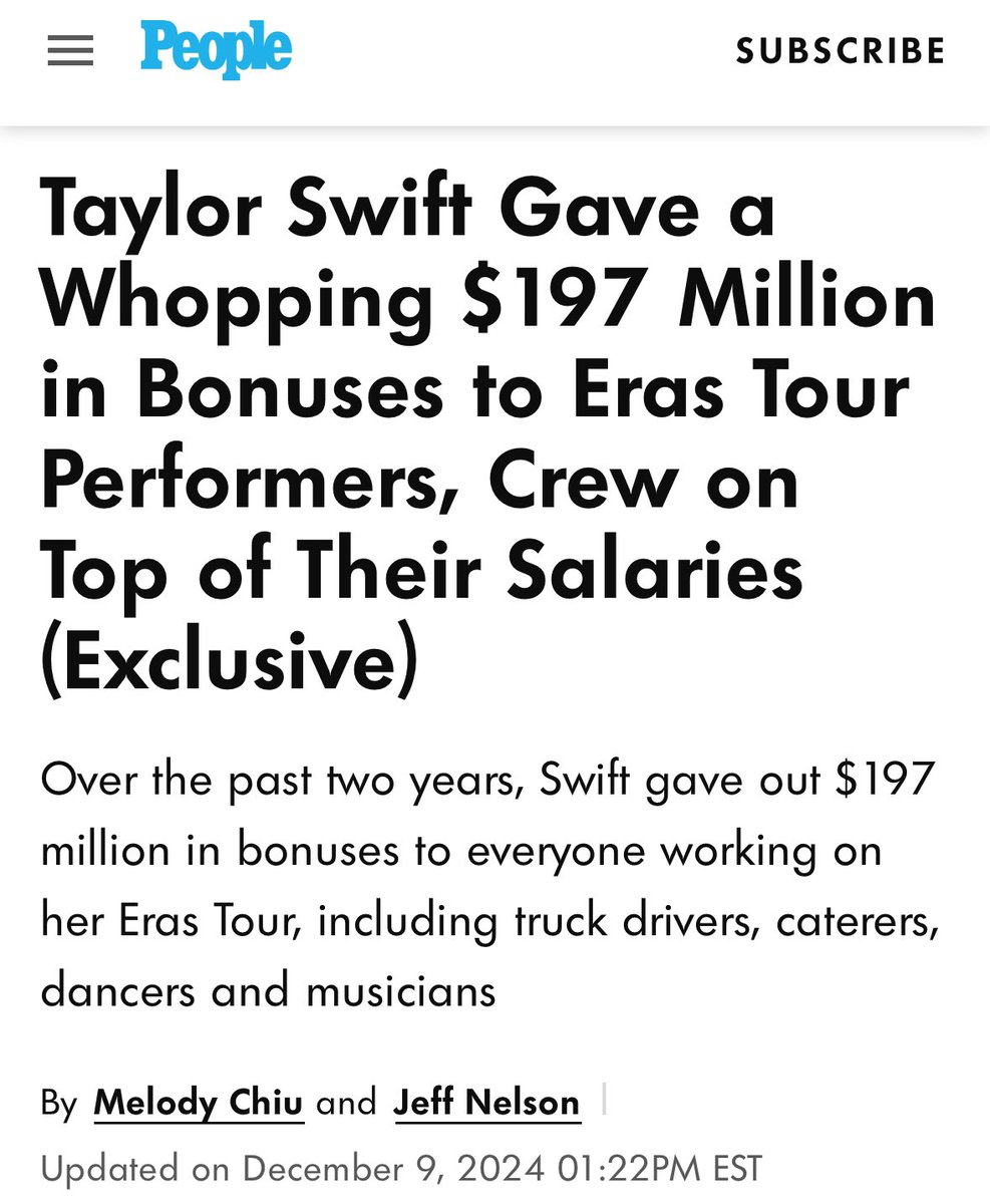 WUTangKids's tweet photo. Oh just Taylor Swift ending her massive Eras Tour by handing out $197M in bonuses to truck drivers, caterers, instrument techs, merch team, lighting, sound, production staff, carpenters, dancers, band members, security, choreographers, pyrotechnics, riggers, hair styles, make-up artist, stylists, physical therapists, and her video team. https://t.co/etfqF2ip1c