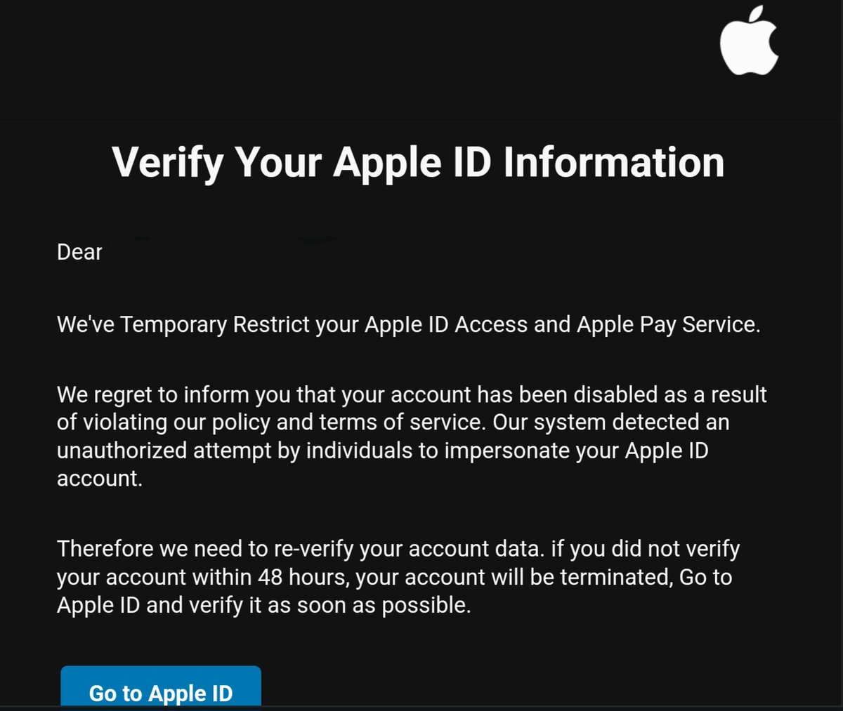 Kambizn's tweet photo. To those with an Apple Id don't fall for this email. Do not click on any links from this email. This is a scam! Repost to raise awareness #Awareness #securitybreach https://t.co/12HtRMQohh