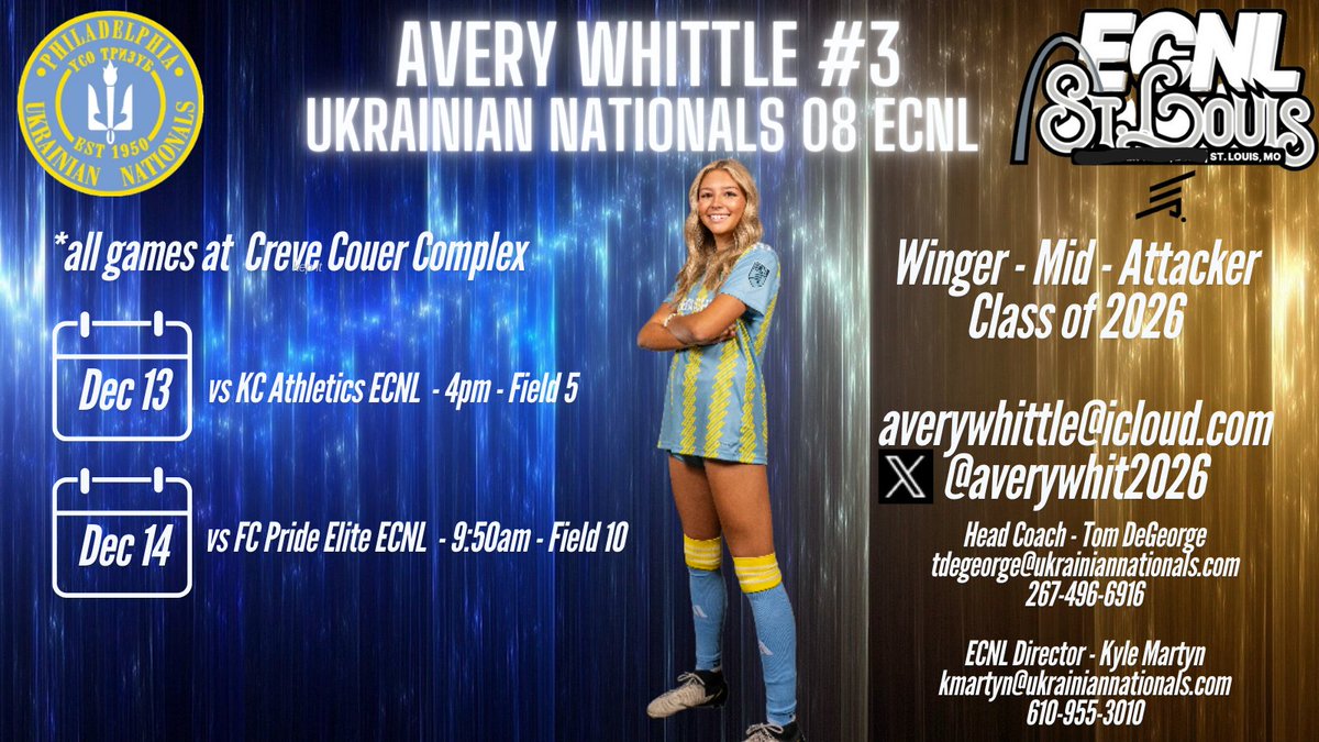 Avery Whittle_2026 (@averywhit2026) on Twitter photo On the road to St. Louis this week...can't wait for more games with my <a href="/UkrNationalsSC/">Ukrainian Nationals SC</a> 08 girls! Coaches...thanks in advance for your time and safe travels. <a href="/dege777/">Tom DeGeorge</a> <a href="/Kmart_10/">Kyle Martyn</a> <a href="/JoeNemzer/">Joe Nemzer</a> <a href="/ImYouthSoccer/">ECNL/GA/Recruiting/College Soccer</a> On the road to St. Louis this week...can't wait for more games with my <a href="/UkrNationalsSC/">Ukrainian Nationals SC</a> 08 girls! Coaches...thanks in advance for your time and safe travels. <a href="/dege777/">Tom DeGeorge</a> <a href="/Kmart_10/">Kyle Martyn</a> <a href="/JoeNemzer/">Joe Nemzer</a> <a href="/ImYouthSoccer/">ECNL/GA/Recruiting/College Soccer</a>