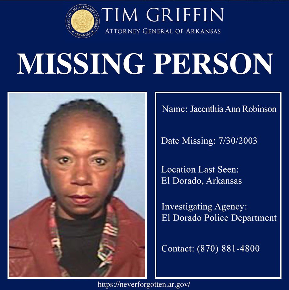 Jacenthia Ann Robinson has been missing since July of 2003. She was last seen in El Dorado, Arkansas. If you have any information about her, please contact the El Dorado Police Department at (870) 881-4800. #missingpersonmonday