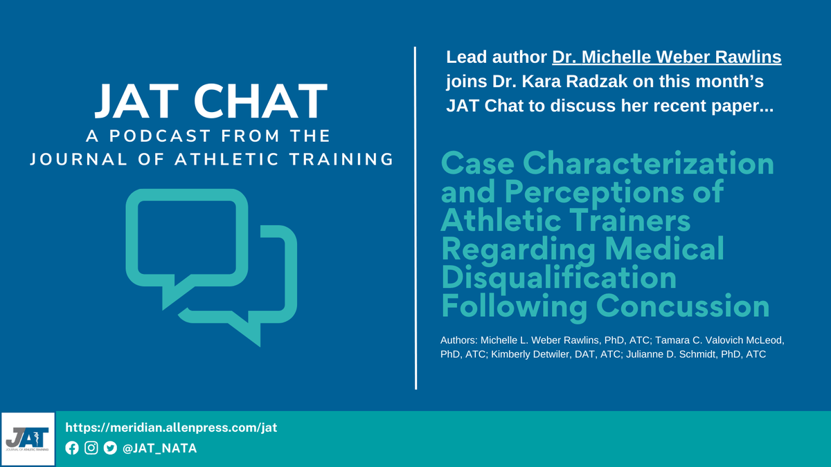 JAT_NATA's tweet photo. 🎙️NEW PODCAST EPISODE🎙️
On #JATChat, Dr. Michelle Weber Rawlins (@RawlinsWeber) discusses case characterization and perceptions of ATs regarding medical disqualification following concussion.
Podcast: https://t.co/lbjBgQFpYx
Article: https://t.co/y9pldZmwNT https://t.co/NlY6PPzPrg