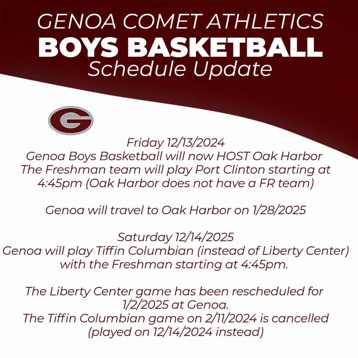GenoaSports's tweet photo. Important Boys Basketball Schedule Changes!
#cometevents https://t.co/OW9jUsJqF0