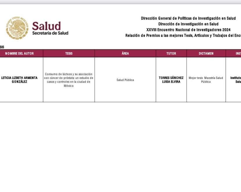Durante el XXVIII Encuentro Nacional de Investigadores 2024, fuimos galardonados con el premio a la mejor tesis de maestría 2023 en el área de salud pública. 

Estoy agradecida por haber tenido a excelentes investigadores de la <a href="/SaludPublicaMx/">Escuela de Salud Pública de México</a> / <a href="/1CINyS/">CINyS - INSP</a> como mis mentores.