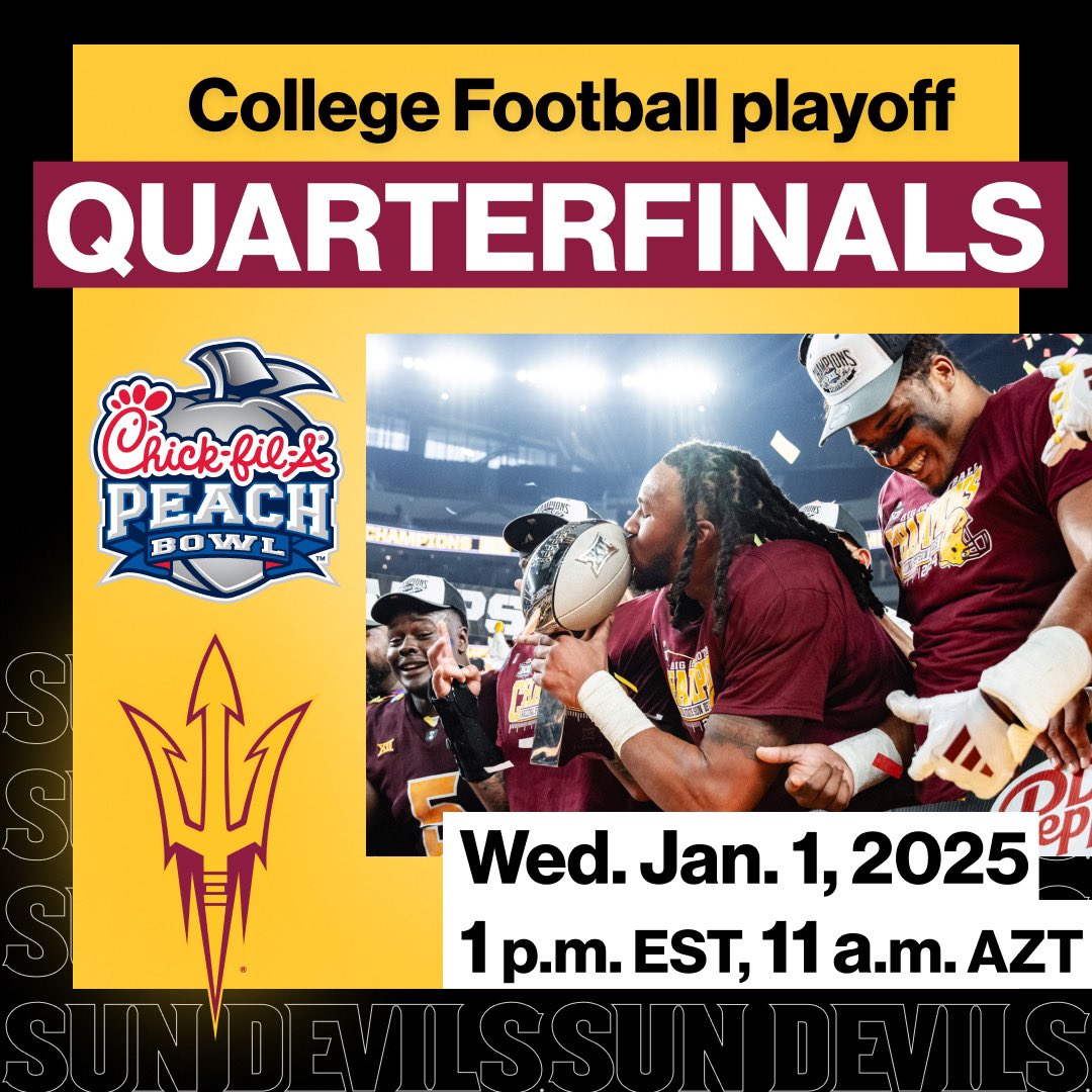 ICYMI: We’re headed to the PEACH BOWL! 🍑

The Sun Devils are locked in for the College Football Playoff Quarterfinal in Atlanta on Wednesday, Jan. 1! 🏈

Don’t miss the action, grab your tickets now: sundevils.com/sports/footbal…
#SunDevils #PeachBowlBound #CFP