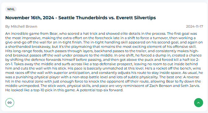 Mitchell Brown (@mitchlbrown) on Twitter photo The next <a href="/eliteprospects/">Elite Prospects</a> 2025 NHL Draft ranking launches on Wednesday!
In the meantime, we've published more than 200 new game reports to player pages in the last few days, including:
• James Hagens
• Shane Vansaghi
• Ben Kevan
• Carter Bear
eliteprospects.com/player/597730/… The next <a href="/eliteprospects/">Elite Prospects</a> 2025 NHL Draft ranking launches on Wednesday!
In the meantime, we've published more than 200 new game reports to player pages in the last few days, including:
• James Hagens
• Shane Vansaghi
• Ben Kevan
• Carter Bear
eliteprospects.com/player/597730/…