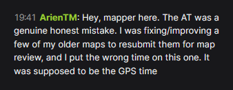 NaNInf_'s tweet photo. Today's TOTD has an incorrect AT in the game (see screenshot from the mapper below). The Champion medal time has been calculated using the correct AT, giving the Champion medal time of 0:44.924.

View this Champion medal, and all others, on https://t.co/mh000ATYsH https://t.co/bWN5JAKnn6