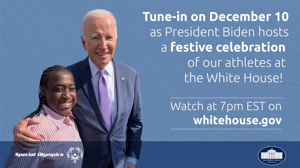 Special Olympics (@specialolympics) on Twitter photo ๐๐ง๐๐ป๐ฒ-๐ถ๐ป ๐ฎ๐น๐ฒ๐ฟ๐! Watch as our athletes attend a holiday celebration of Special Olympics at the <a href="/WhiteHouse/">The White House</a> tomorrow from 7pm ET! More here โถ๏ธ brnw.ch/21wPiAh.
And cheer on our athletes at the <a href="/sowg_/">Special Olympics World Games</a> in #Turin2025! โท๏ธ #ChooseToInclude #TheFutureIsHere ๐๐ง๐๐ป๐ฒ-๐ถ๐ป ๐ฎ๐น๐ฒ๐ฟ๐! Watch as our athletes attend a holiday celebration of Special Olympics at the <a href="/WhiteHouse/">The White House</a> tomorrow from 7pm ET! More here โถ๏ธ brnw.ch/21wPiAh.
And cheer on our athletes at the <a href="/sowg_/">Special Olympics World Games</a> in #Turin2025! โท๏ธ #ChooseToInclude #TheFutureIsHere
