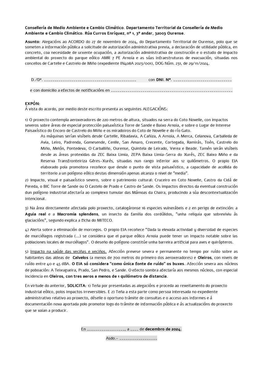 xurescelanova21's tweet photo. Xa podes alegar contra o proxecto P.E. Arnoia, 7 aeroxeradores de 220 metros de altura entre Sande e Coto Novelle, en CARTELLE (OURENSE), que ameazan con impactos severos ao medio, á paisaxe, ao patrimonio e á saúde das veciñas e veciños. https://t.co/0pOFcgV53d
