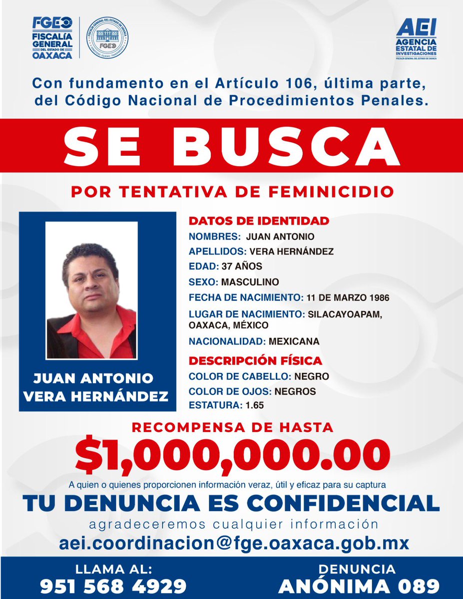 Hoy se cumplen 5 años y 3 meses desde que me intentaron #MatarConÁcido.

Él es Juan Antonio #VeraHernández, conocido como #TonyVera. Las autoridades de #Oaxaca nunca lo han podido aprehender, sigue PRÓFUGO DE LA JUSTICIA.

#PorFavor ayúdame a compartir su rostro para encontrarlo.