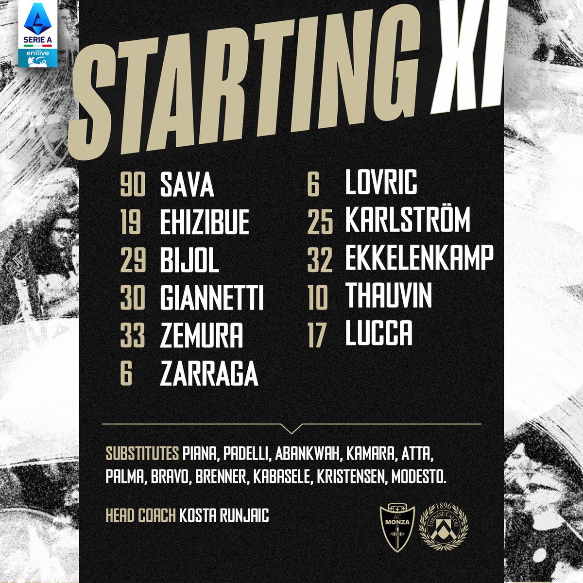 Udinese_1896's tweet photo. Starting XI 🙌 
I primi 1️⃣1️⃣ scelti da Mister Runjaic per #MonzaUdinese  

⚪️⚫️ #ForzaUdinese #AlèUdin #SerieAEniLive https://t.co/YRlu1wDPOn