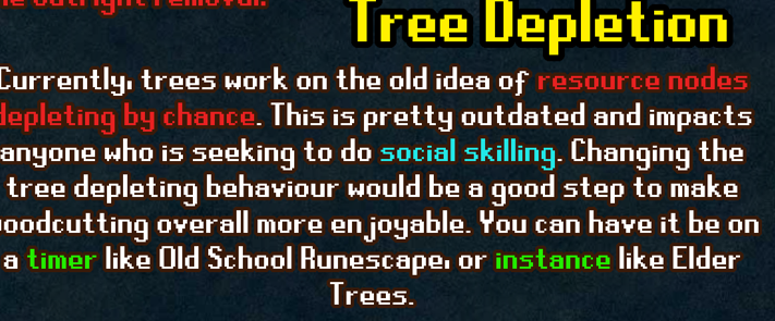 SoockLove's tweet photo. I like how consistent the depleation changes make the new tree. 

The old mechanics make it fustrating to afk, but not rewarding for paying attention. They also punish players gathering together.

I know this is an experiment, but i hope they update the previous tiers. https://t.co/X9mlNifRpE
