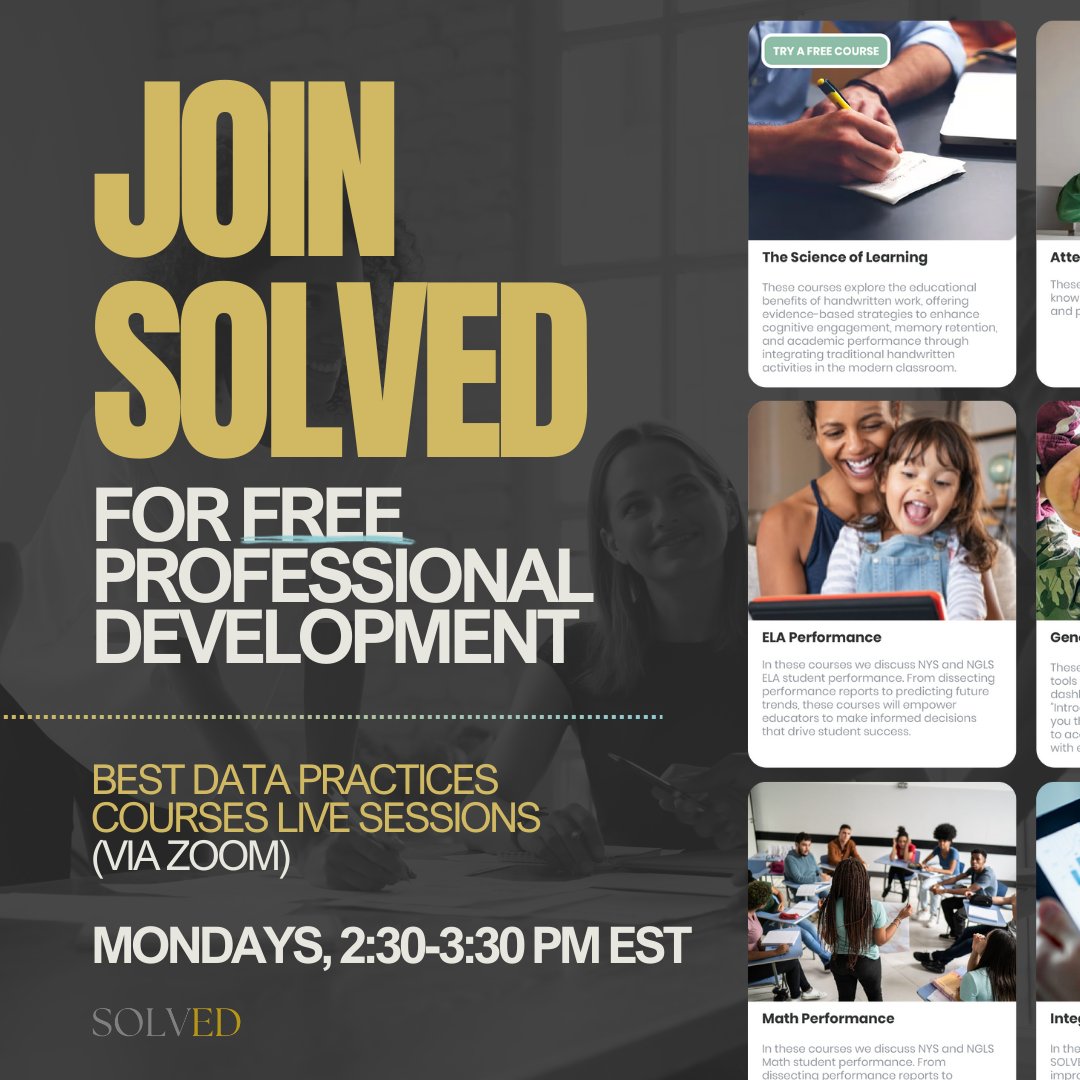 📚 Ready to level up your data &amp; teaching practices? Join us TODAY!
Join SOLVED's FREE professional development session happening this Monday from 2:30-3:30 PM EST. We're diving into best data practices to help you make informed decisions that drive student success.
✨ What to