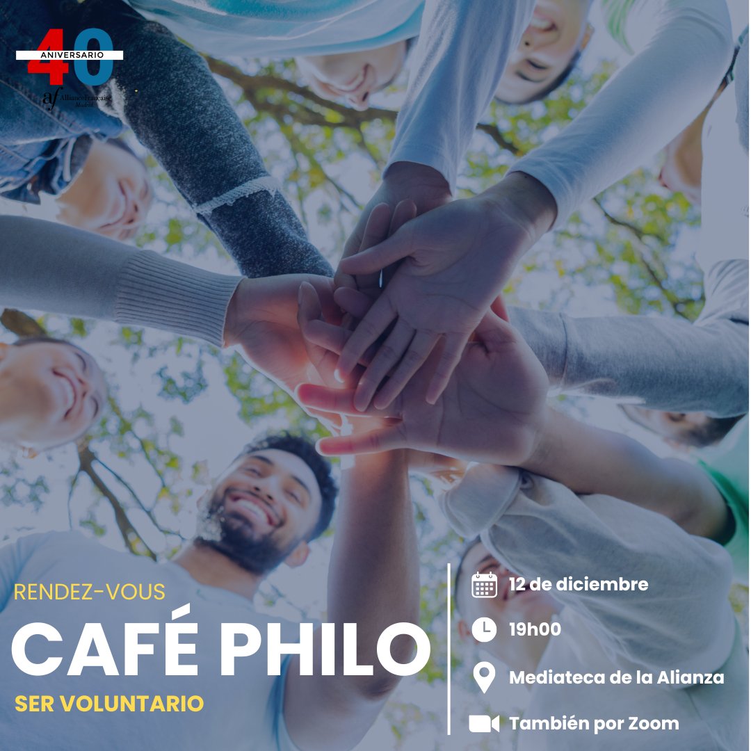 AllianceMadrid's tweet photo. 🗨️ Participa en nuestro próximo Café-Philo, una discusión en francés sobre «Ser voluntario». 🤝✨

📅 Jueves 12 de diciembre, 19 a 20h
También por Zoom
Nivel mínimo B1

🎟️ Entrada libre con inscripción previa: https://t.co/yFT9GKmjQz

#CaféPhilo #aprenderfrancés #reflexiónsocial https://t.co/lKmdgVQQJd