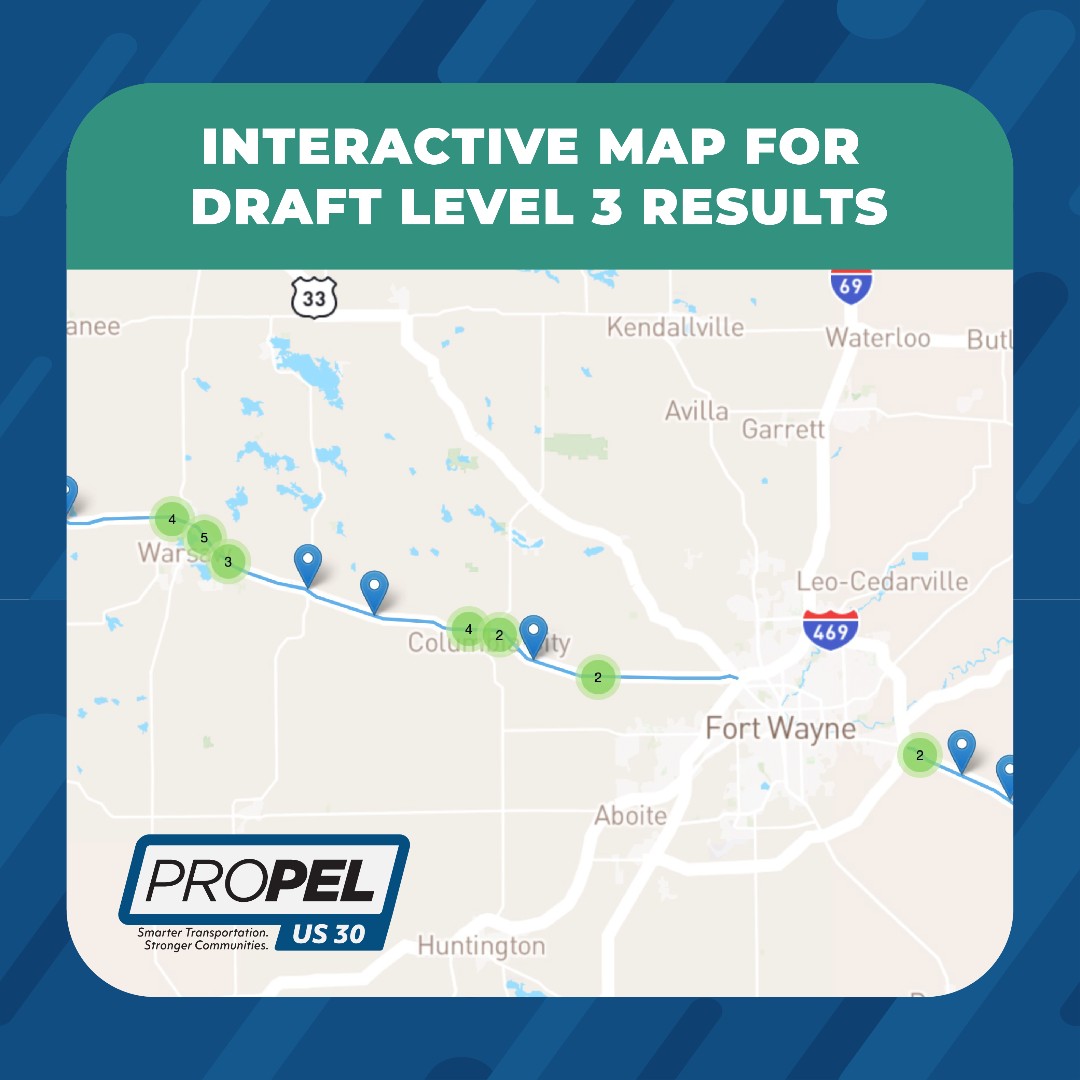 PropelUS30's tweet photo. During the Draft Level 3 Screening Report comment period, we’re focusing on location-specific alternatives that advanced from the Level 2 screening. 

Check out our interactive map that showcases potential improvements in the #US30West corridor: https://t.co/NvKAixznhG https://t.co/fG89t5X9i1