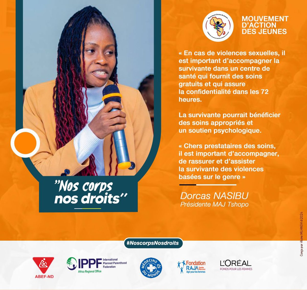 Sophia Tshela (@sophiatshela) on Twitter photo #NosCorpsNosDroits
#16JoursdActivisme
Chers prestataires, il est crucial d’offrir une prise en charge médicale et psychologique aux survivantes des violences sexuelles.
#StopVBG ❌
<a href="/MajRDCongo/">MAJ/YAM RDC🇨🇩</a>
<a href="/abefnd_rdc/">ABEF-ND RDC</a>
<a href="/IPPFAR/">IPPFAR</a>
<a href="/MondeRdc/">Médecins du Monde RDC</a>
<a href="/MdM_France/">Médecins du Monde</a>
<a href="/FondationLOreal/">Fondation L'Oréal</a>
<a href="/FondationRaja/">Fondation RAJA - Danièle Marcovici</a> #NosCorpsNosDroits
#16JoursdActivisme
Chers prestataires, il est crucial d’offrir une prise en charge médicale et psychologique aux survivantes des violences sexuelles.
#StopVBG ❌
<a href="/MajRDCongo/">MAJ/YAM RDC🇨🇩</a>
<a href="/abefnd_rdc/">ABEF-ND RDC</a>
<a href="/IPPFAR/">IPPFAR</a>
<a href="/MondeRdc/">Médecins du Monde RDC</a>
<a href="/MdM_France/">Médecins du Monde</a>
<a href="/FondationLOreal/">Fondation L'Oréal</a>
<a href="/FondationRaja/">Fondation RAJA - Danièle Marcovici</a>