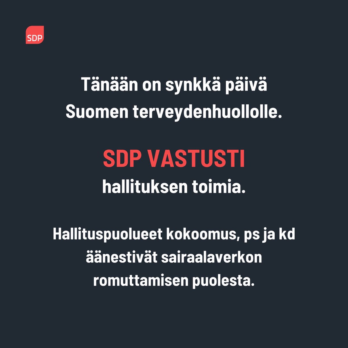 Todella synkkä päivä Salolle ja koko Suomen terveydenhuoltojärjestelmälle. Hallituspuolueet äänestivät sote-valiokunnassa TYKS Salon sairaalan yöpäivystyksen ja vaativien leikkausten siirtämisestä Turkuun vääriin laskelmiin ja vaikutusten arviointeihin perustuen. 👎