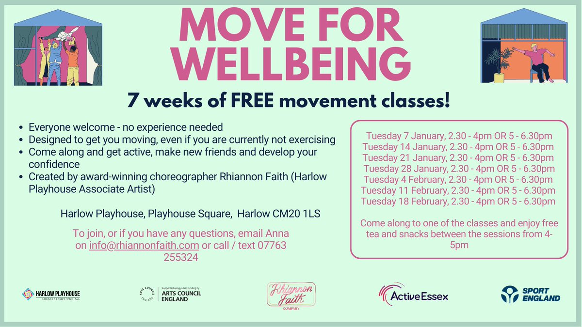 Rhiannon Faith Company (@rhiannonfaith) on Twitter photo 🕺 MOVE FOR WELLBEING 💃
We are offering 7 weeks of FREE movement classes. Come along and get active, make new friends and develop your confidence.
Kicking off in January!
No experience necessary - find out more 👉rhiannonfaith.com/move-for-wellb…
<a href="/activeharlow/">Find Your Active Harlow</a> <a href="/Sport_England/">Sport England</a> 🕺 MOVE FOR WELLBEING 💃
We are offering 7 weeks of FREE movement classes. Come along and get active, make new friends and develop your confidence.
Kicking off in January!
No experience necessary - find out more 👉rhiannonfaith.com/move-for-wellb…
<a href="/activeharlow/">Find Your Active Harlow</a> <a href="/Sport_England/">Sport England</a>
