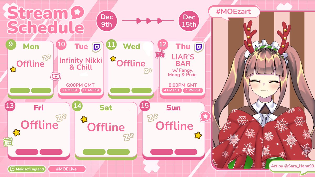 MaidMacaron_MOE's tweet photo. SCHEDULE for 9th - 15th! ποΈ
A smaller schedule this week on account of me being pretty sick~
#MOELive #Schedule https://t.co/P3SPttCCgp