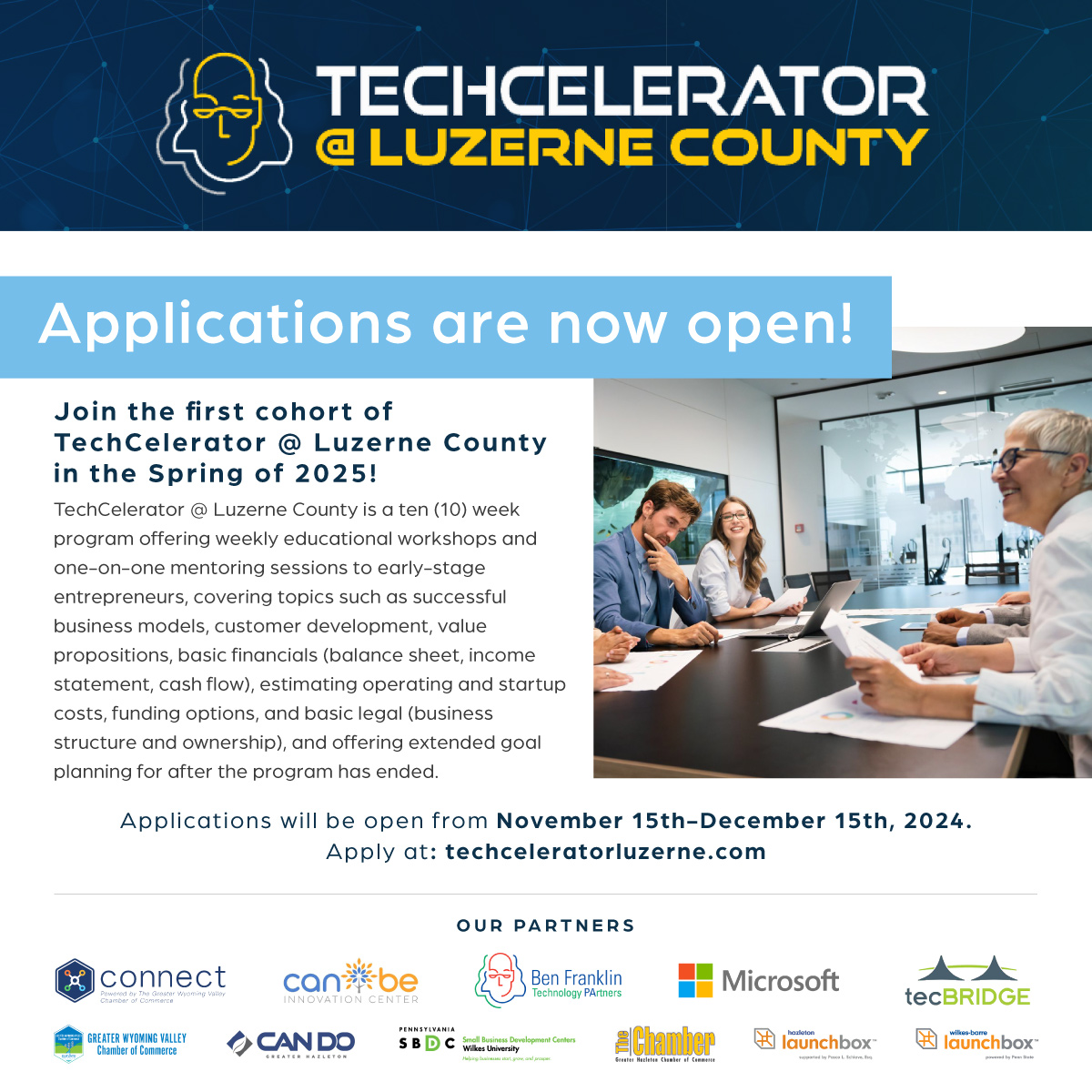 Don't forget! ⏰

Early-stage entrepreneurs, applications for the Techcelerator @ Luzerne County are OPEN! 📣

Join a 10-week program of workshops, mentoring, and MORE! Applicants can win a prize up to $2,500 at the pitch showcase.

Apply by Dec 15 ➡️: ow.ly/lv1X50UnFVZ