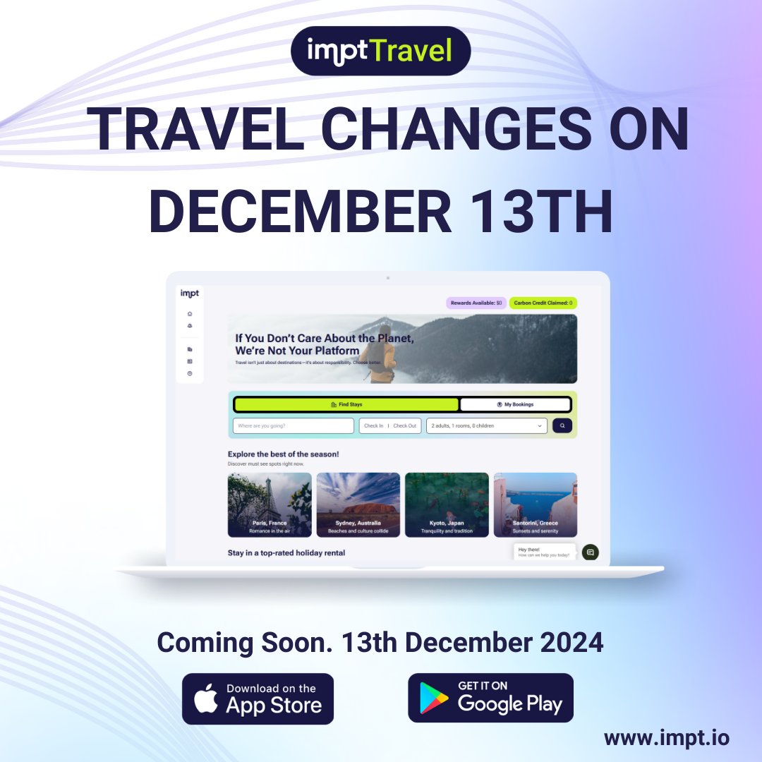 IMPT_token's tweet photo. 🌍 Travel changes on December 13th.
💥 IMPT Travel: The End of Optional is here:
✅ Competitive hotel prices.
✅ Impact built into every booking.
✅ Responsibility made simple.
📲 Download the app now and get ready to book responsibly. #TheEndOfOptional
https://t.co/gB9tZPQyZE https://t.co/bWMdx5toAO