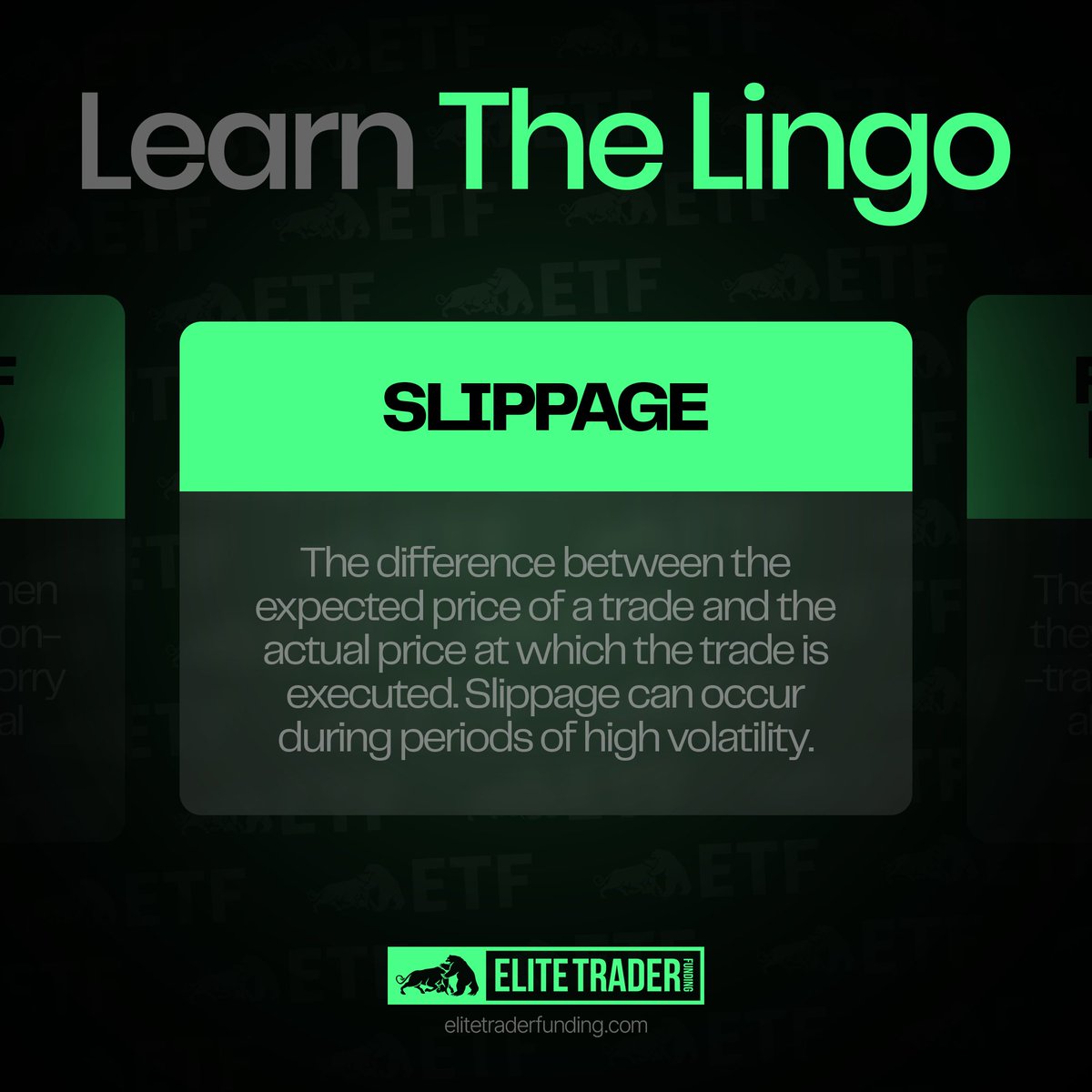 EliteTraderFund's tweet photo. Are you familiar with Trader's Lingo? ๐ค
๐ Today's term is "Slippage" ๐
๐ The difference between the expected price of a trade and the actual price at which the trade is executed. Slippage can occur during periods of high volatility.
Have you experienced slippage?
#ELITEMAS https://t.co/oPpzipQgZ0