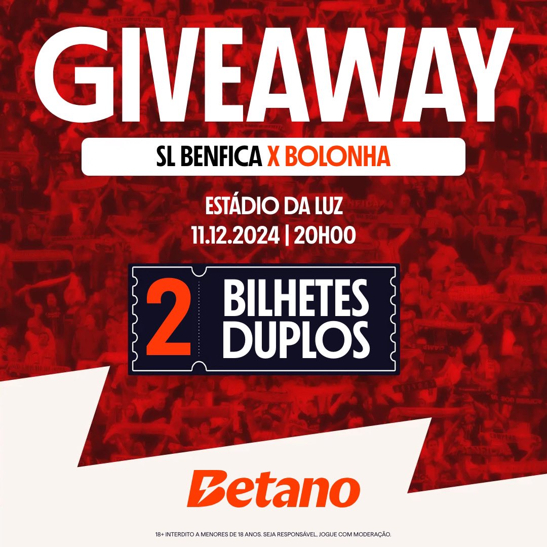 GIVEAWAY de 4 bilhetes ! 🦅

SL Benfica 🆚 Bolonha 

-Seguir <a href="/1amorbenfica/">Primeiro Amor Benfica</a> e <a href="/Betano_PT/">Betano Portugal 🔞</a> 
-Dar Retweet na publicação 

Vencedor será anunciado dia 10 (amanhã), boa sorte!