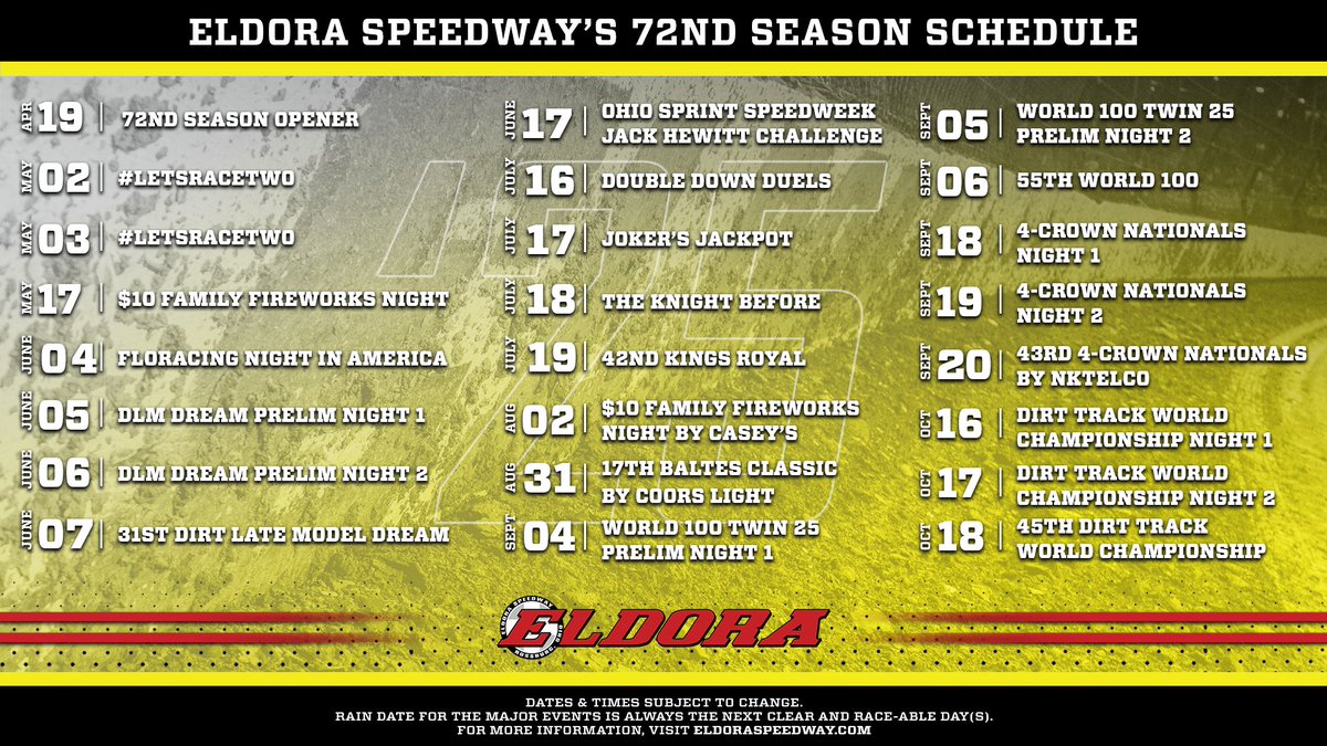 ❗ 𝟮𝟬𝟮𝟱 𝗦𝗖𝗛𝗘𝗗𝗨𝗟𝗘 𝗗𝗥𝗢𝗣 ❗

Here we go! 2025 schedule is now available! 

➡ DLM Dream prelim nights now $30,000-to-win and 26 starters 🤑

➡ Ohio Sprint Speedweek is back with wings and non-wings in the Jack Hewitt Challenge.

➡ Kings Royal now $200,000 to the