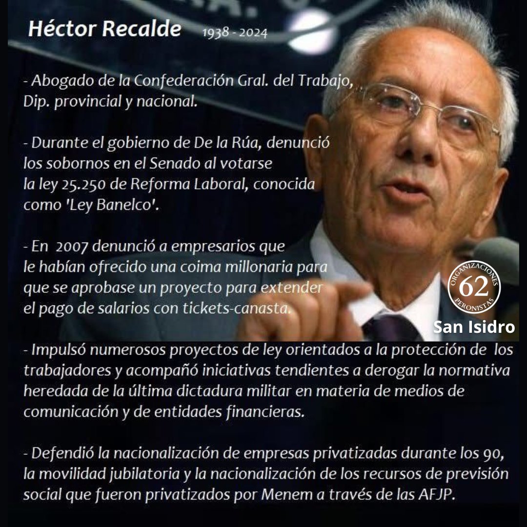 62OrgSanIsidro's tweet photo. Con profundo dolor despedimos al Compañero Hector Recalde, incansable luchador por la defensa de los Derechos de los trabajadores y trabajadoras de Argentina.
#HectorRecalde https://t.co/8agPRMzoow