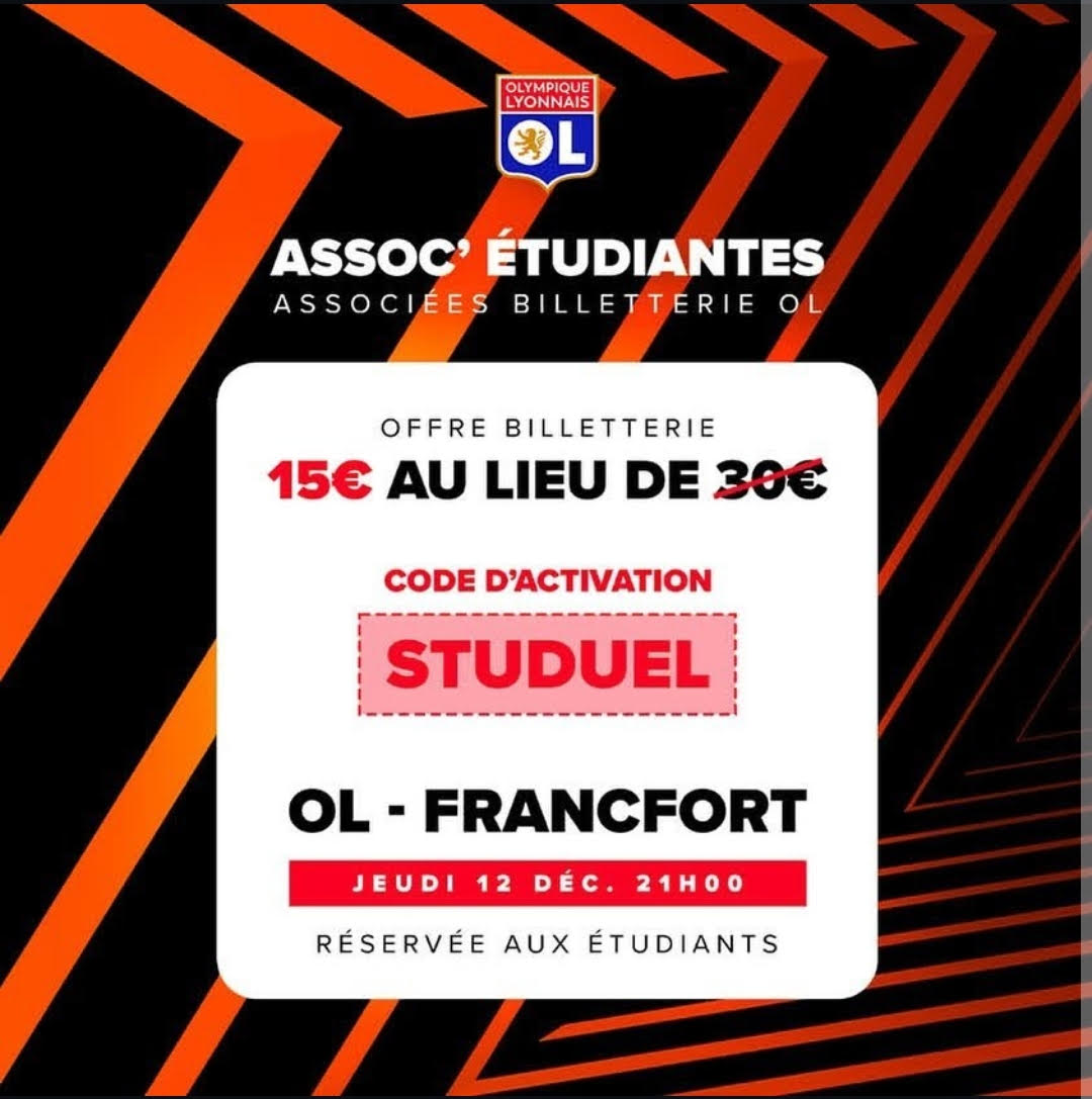ALERTE BILLETTERIE  🚨 | OFFRE ÉTUDIANTE  🧑‍🎓

Places à -50% pour les étudiants (15€ au lieu de 30€) !

CODE PROMO : STUDUEL 

Un maximum de RT, TOUS AU STADE  !🎯🏟️

#TeamOL #OL #OLSGE #SGE #Etudiant