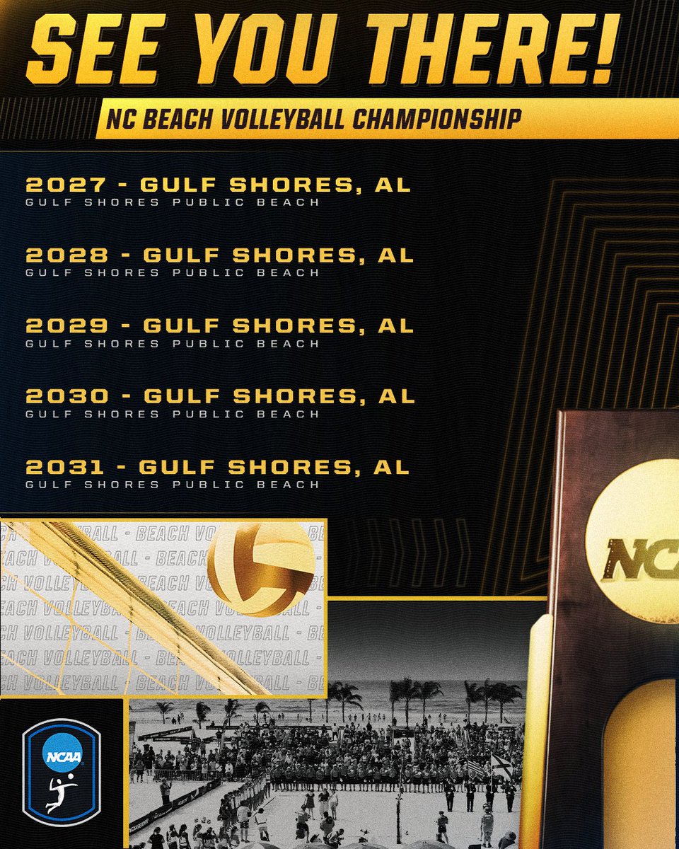 NCAAVolleyball's tweet photo. The NCAA has announced that the NC Beach Volleyball Championship will have a five-year agreement to return to Gulf Shores, Alabama, from 2027 to 2031. 🏝️
#NCAABeachVB #NCAAHost https://t.co/ghm9RxN8IQ