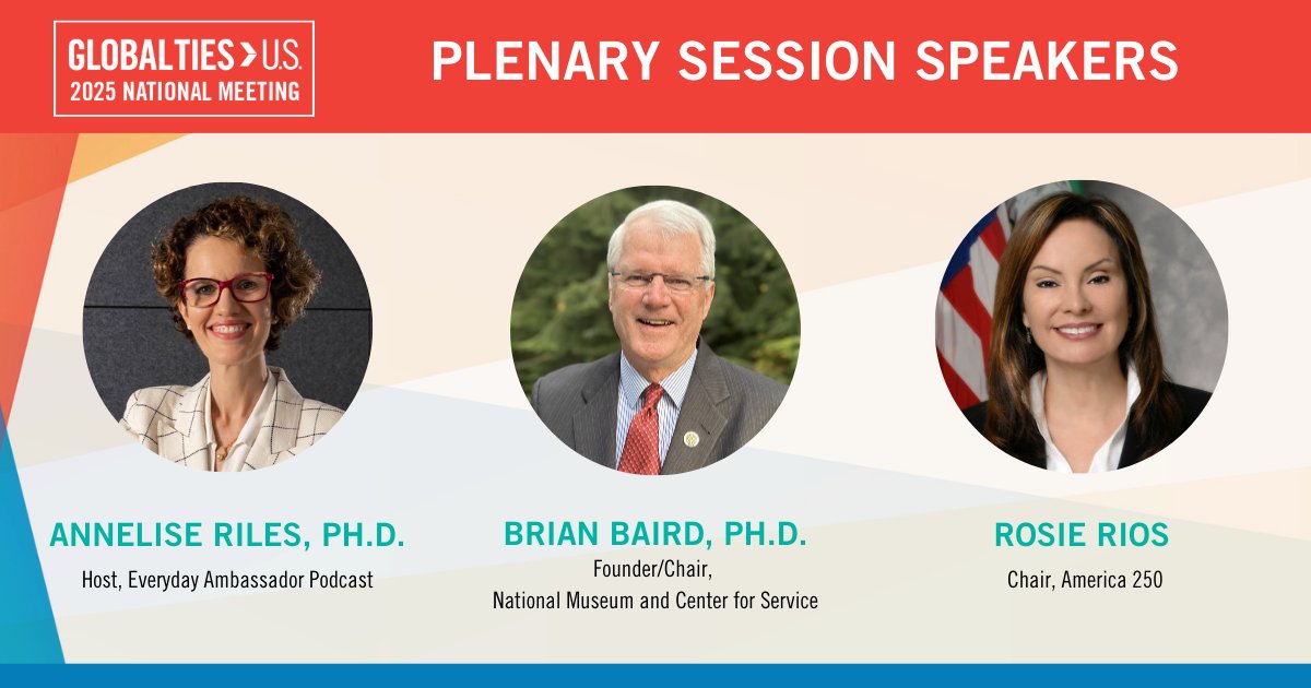 Global Ties U.S. (@globaltiesus) on Twitter photo We are pleased to announce <a href="/AnneliseRiles/">Annelise Riles</a>, Ph.D., host of the Everyday Ambassador podcast; former Congressman Brian Baird, Ph.D., founder and chair of <a href="/nmcfservice/">National Museum and Center for Service</a>; and Rosie Rios, chair of <a href="/America250/">America250</a> as #GlobalTies2025 plenary speakers. Learn more at: gties.us/4g7850A We are pleased to announce <a href="/AnneliseRiles/">Annelise Riles</a>, Ph.D., host of the Everyday Ambassador podcast; former Congressman Brian Baird, Ph.D., founder and chair of <a href="/nmcfservice/">National Museum and Center for Service</a>; and Rosie Rios, chair of <a href="/America250/">America250</a> as #GlobalTies2025 plenary speakers. Learn more at: gties.us/4g7850A
