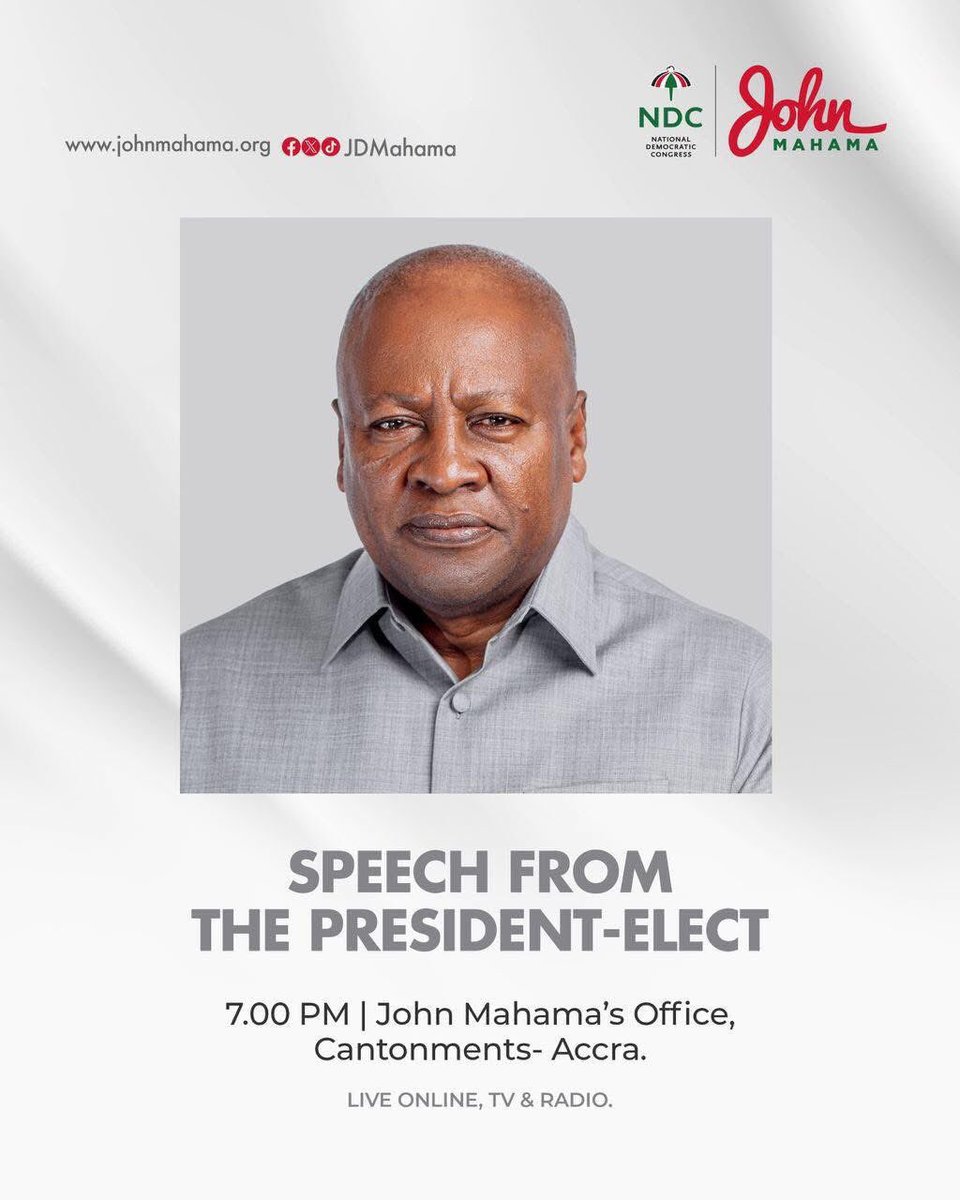 Spice919fm's tweet photo. President - Elect His Excellency John Dramani Mahama to address the nation tonight.
Stay Updated
#ElectionFocus
#GhanaPolls2024
#Election2024
#GhanaDecides2024 https://t.co/6qUfmQ2X9A