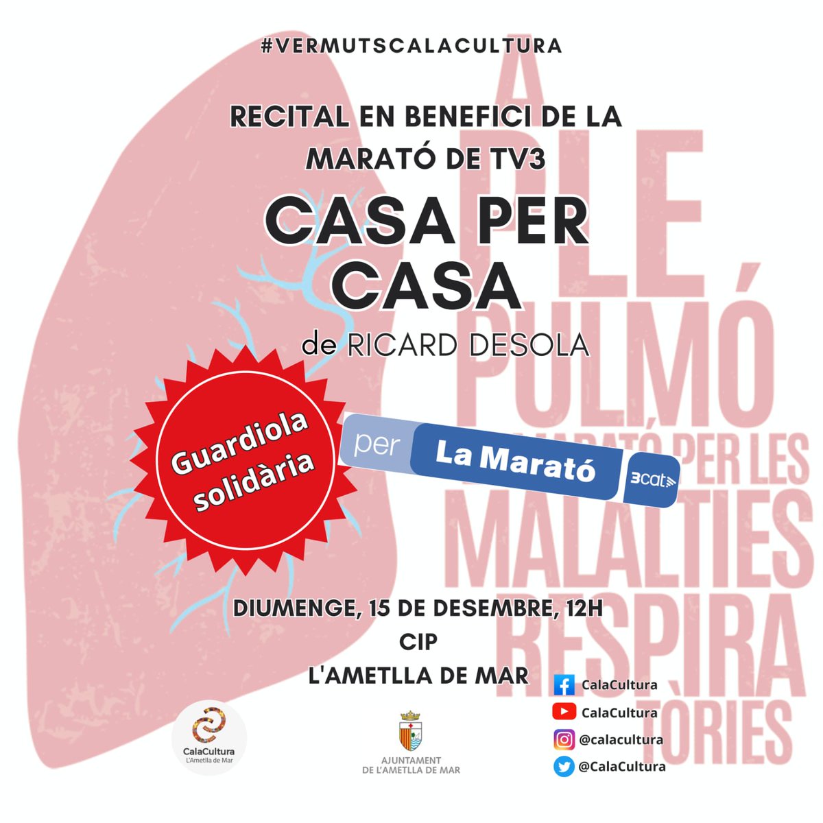 #VermutsCalaCultura

RECITAL
en benefici de
#LaMarató3Cat
<a href="/la_marato/">La Marató de 3Cat</a>

👉 Diumenge 15 desembre

Us convidem a assistir a les propostes de #CalaCultura 🙂
#LAmetlladeMar #LaCala

<a href="/ebredigitalcat/">ebredigital</a>
<a href="/marfanta/">marfanta.com</a>
<a href="/apropebre/">A Prop</a>
<a href="/Surtdecasa/">Surtdecasa</a>
<a href="/lacalartv/">La Cala RTV</a>
<a href="/ametllademartur/">L'Ametlla de Mar Tur</a>
<a href="/CulturaStte/">CulturaTerresEbre</a>
.