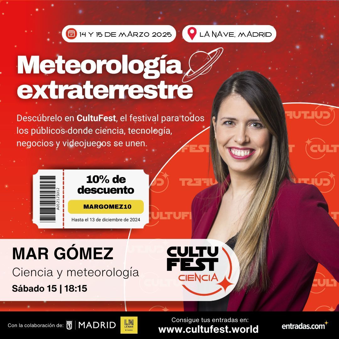 Mar Gómez (@margomezh) on Twitter photo El próximo 15 de marzo por la tarde estaré en <a href="/CultuFestworld/">CultuFest Madrid</a> un enorme evento de divulgación científica donde daré una charla sobre meteorología y espacio. Si queréis asistir ya podeis comprar vuestra entrada aquí : buff.ly/3ZKVT02 con el código MARGOMEZ10 tenéis 10% El próximo 15 de marzo por la tarde estaré en <a href="/CultuFestworld/">CultuFest Madrid</a> un enorme evento de divulgación científica donde daré una charla sobre meteorología y espacio. Si queréis asistir ya podeis comprar vuestra entrada aquí : buff.ly/3ZKVT02 con el código MARGOMEZ10 tenéis 10%