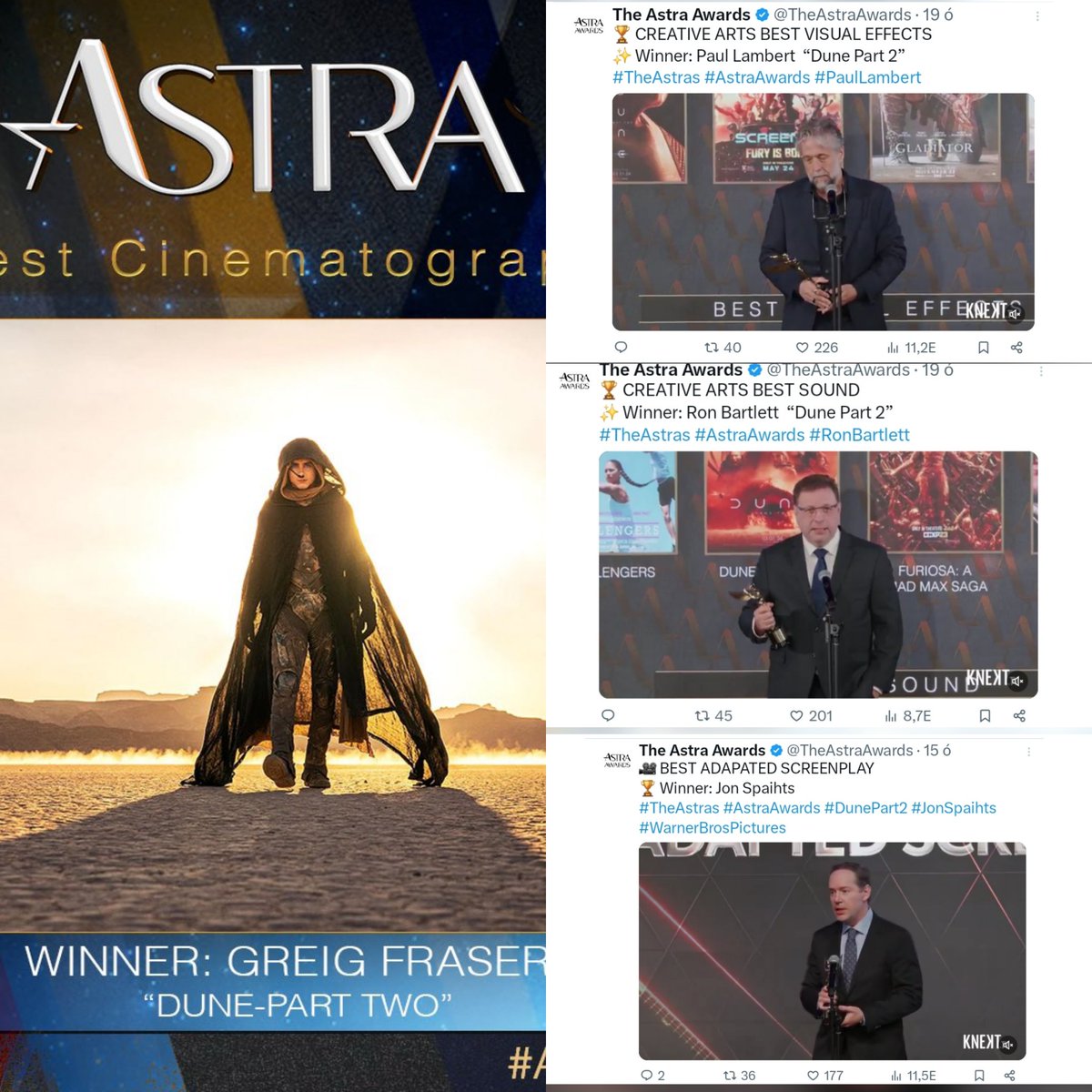 zsuzsanna_virag's tweet photo. Congratulation!
Four wins for the #DunePartTwo at the @TheAstraAwards
Best Cinematography: #GreigFraser
Best Sound: #RonBartlett
Best Visual Effects: #PaulLambert
Best adapter screenplay: #JonSpaiths https://t.co/9ZlzPKSKuy