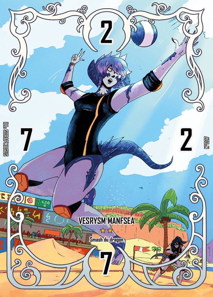 OffVierasmag's tweet photo. Vingt-septième carte de triple triade avec Vesrysm à la plage! Tenez vous prêt à encaisser ses plus grands smash! 
Illustration de Scrapmagus! https://t.co/bCScr9jSKM