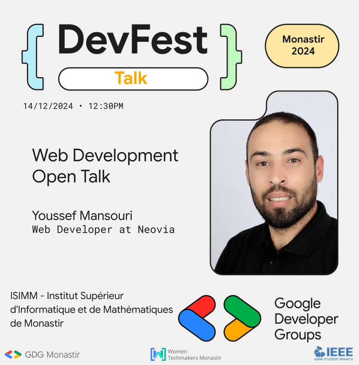 GDGMonastir's tweet photo. We’re excited to introduce Youssef Mansouri, a talented Web Developer at Neovia with 6 years of experience in crafting innovative web solutions!🌐
👉 Register now to secure your spot: https://t.co/oiGigj7UmJ
#DevFest2024 #DevFestMonastir @googledevgroups @GoogleDevExpert https://t.co/EN3TJHXOsy
