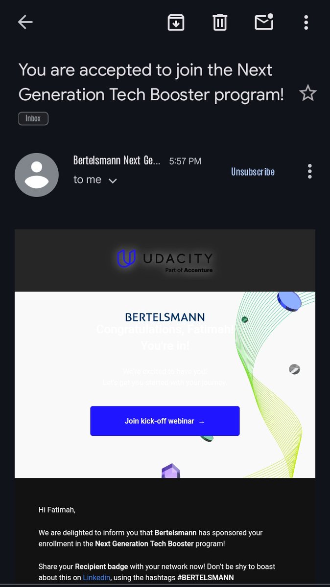 FaatimahBello's tweet photo. Okayyyy, what a great way to wrap up the year🥳🥳
I'm happy to share that I’ve been accepted into the Bertelsmann Next Generation Tech Booster program, sponsored by @udacity Grateful for this opportunity to expand my skills in tech. 🤭
#TechBooster #ScholarshipRecipient https://t.co/LpPXN76gDs