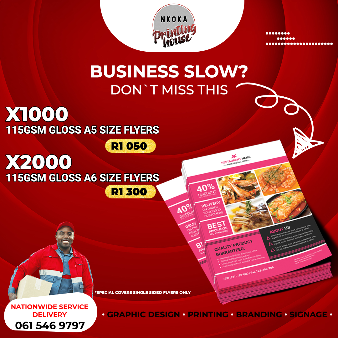 Prepare your business or organization for the January Rush!!!!!

Don`t miss this!

Order Today - 061 546 9797 / 069 606 7961 or nkokaprinting@gmail.com

#Flyers #Graphic #Design #Printing #Pretoria #Mabopane