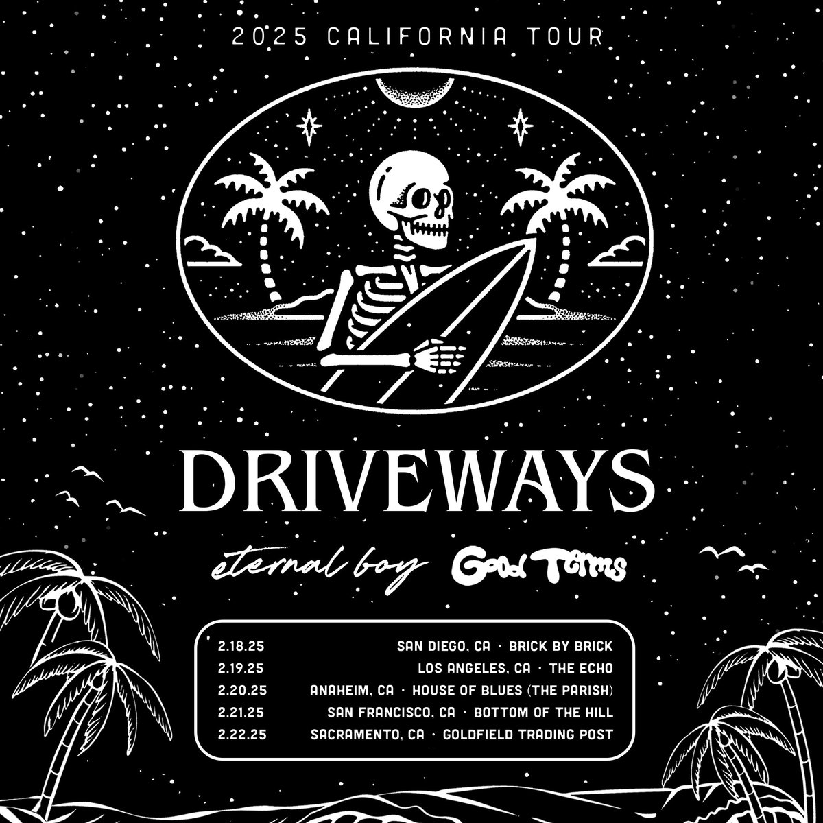 CALIFORNIA - Just about a couple months away! Super excited for this one as this will be our first time playing on the West Coast. Tickets on sale nowwwww
driveways.band