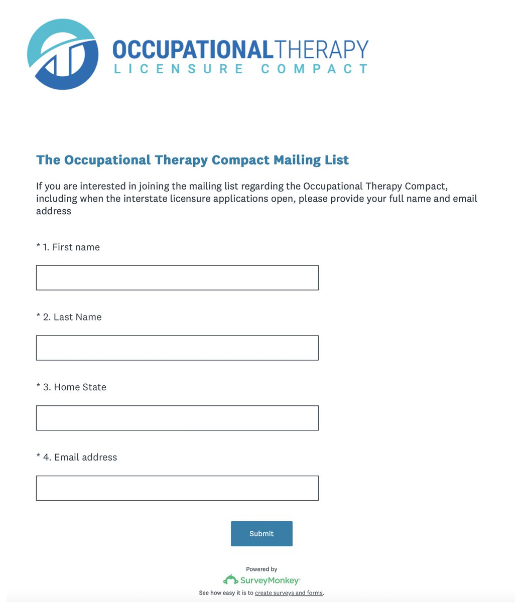 AOTAStateIssues's tweet image. If you are interested in joining the mailing list for the Occupational Therapy Compact, including learning when the interstate licensure applications open, please provide your email address using this link: surveymonkey.com/r/9NRYJYD
 OT Compact main page: otcompact.org