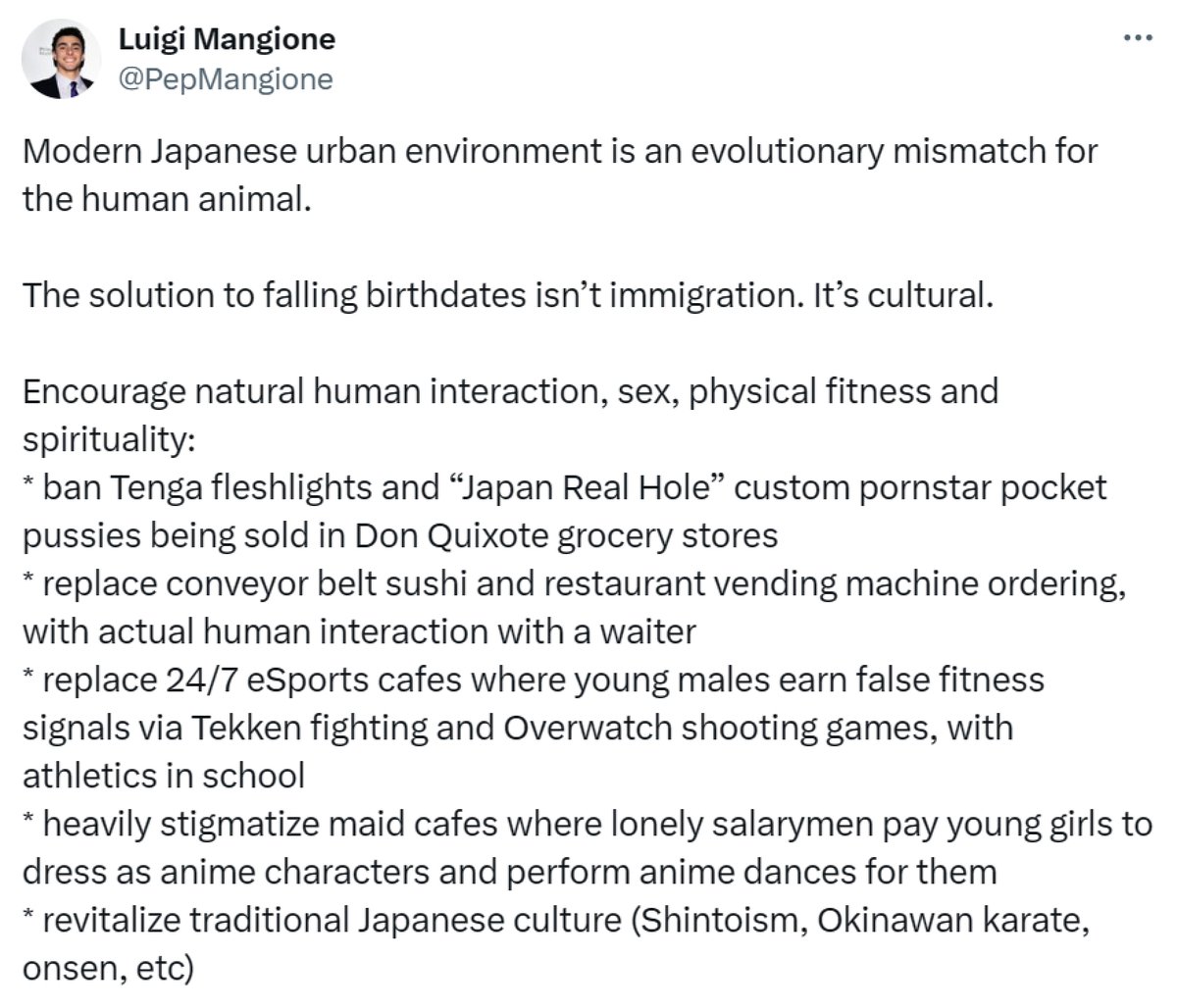 <a href="/kenklippenstein/">Ken Klippenstein</a> His solution for Japan's falling birthrates is pretty hilarious: