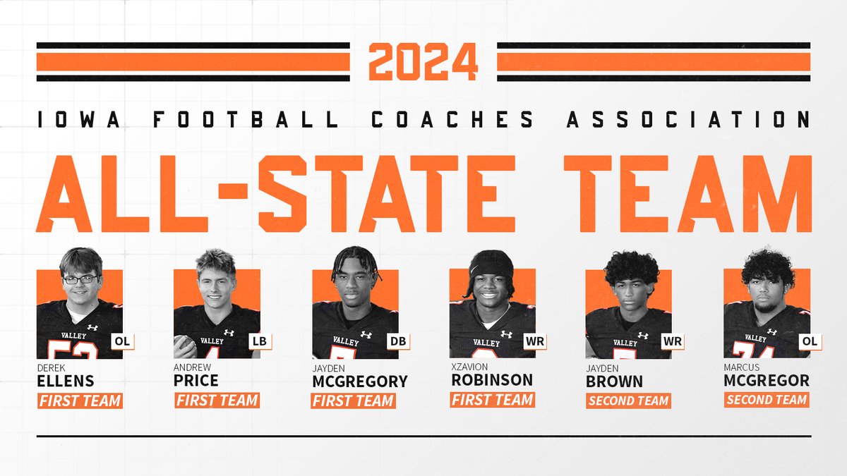 Valley Tigers named All-State by the Iowa Football Coaches Association.  Four to the first team and two second team.  Congratulations!