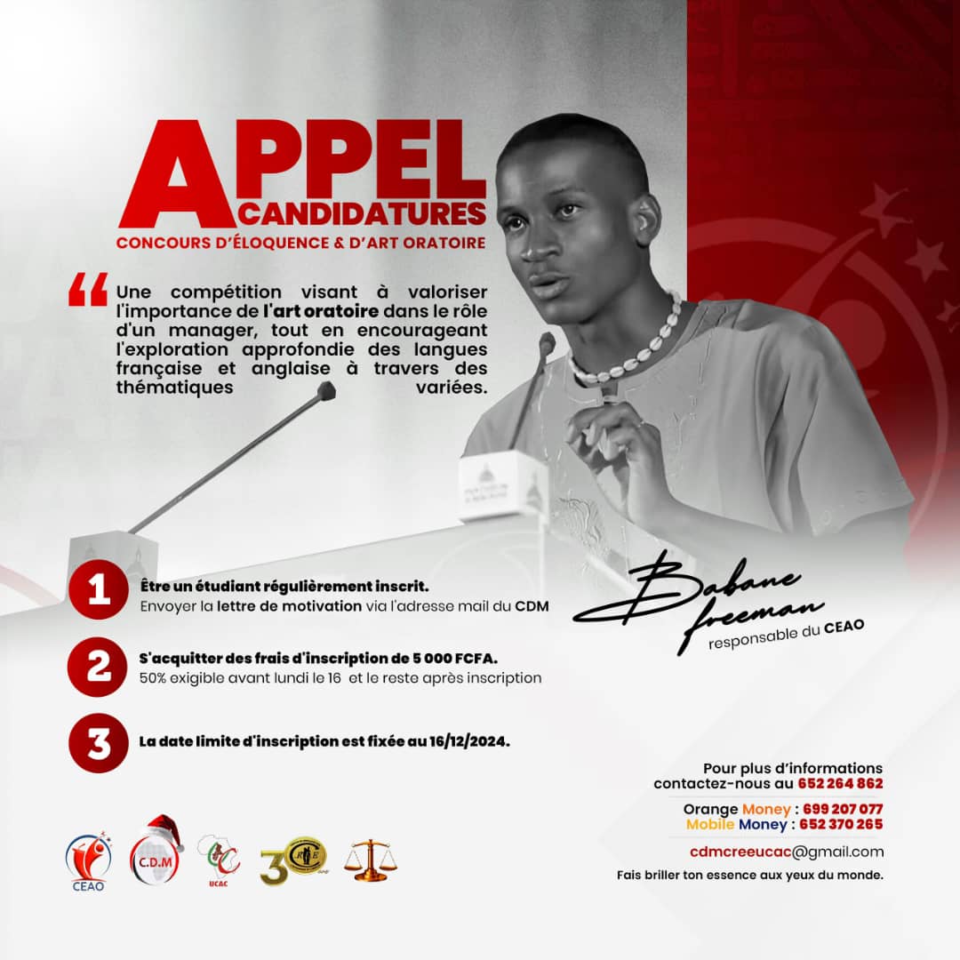 LesManagersUCAC's tweet photo. ▎📣 Libère ta voix et fais briller ton talent ! 💡 

Participe au concours d'éloquence et d'Art Oratoire avec Monsieur BABANE Freeman @BabaneMystere, notre champion 🏆 de l'UCAC ! Prends la parole et impressionne le jury ! 🚀 #EloquenceUCAC https://t.co/MPJpVgw3cD