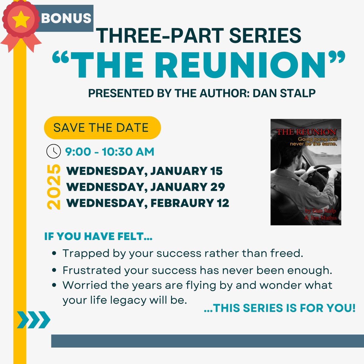 Please join us for a 3-part series based on HEMP Mentor Dan Stalp’s book entitled “The Reunion”. 

When: 1/15, 1/29, &amp; 2/12 9-10:30AM
Where: HEMP – 2000 Baltimore Avenue, Suite 100, KCMO
Who: HEMPers &amp; guests ($100 - includes a signed copy of The Reunion)

RSVP: aubrey@hempkc.org