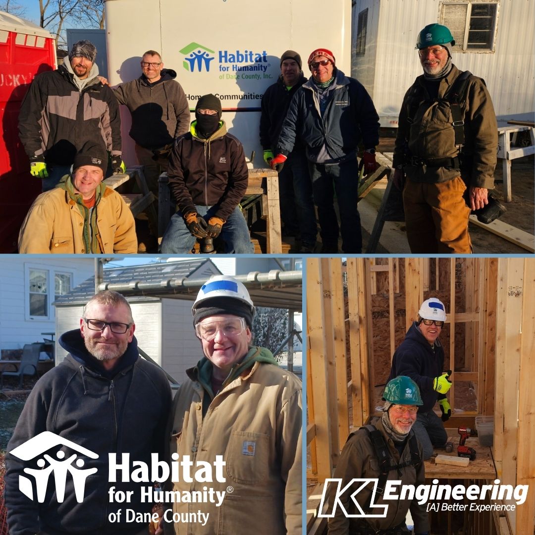 KL team members volunteered for the second time this year to assist with the Habitat for Humanity of Dane County build on 12/6. They bundled up to level scaffolding, protect water pipes, and put up temporary railings for construction of a second floor. Brian St. Vincent