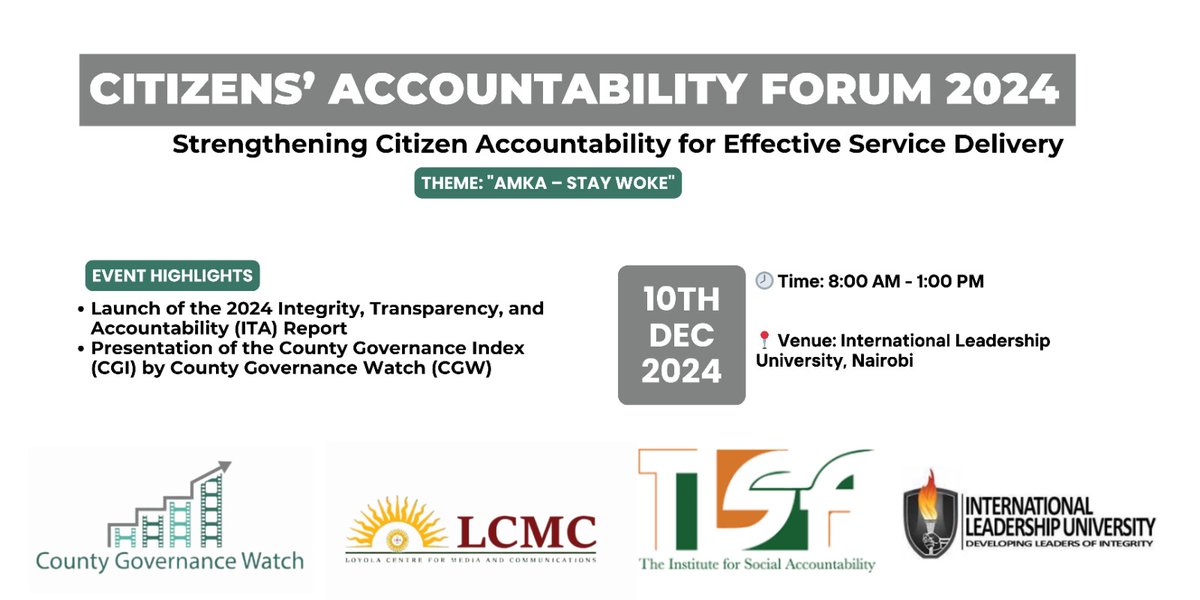 CGW_Kenya's tweet photo. "Charting a New Course: Launching the County Integrity, Transparency, and Accountability Report to Strengthen Trust and Inspire Civic Participation! " on December 10, 2024.
#DefendMyFuture
#AMKA
#Staywoke https://t.co/23nnowlaDu