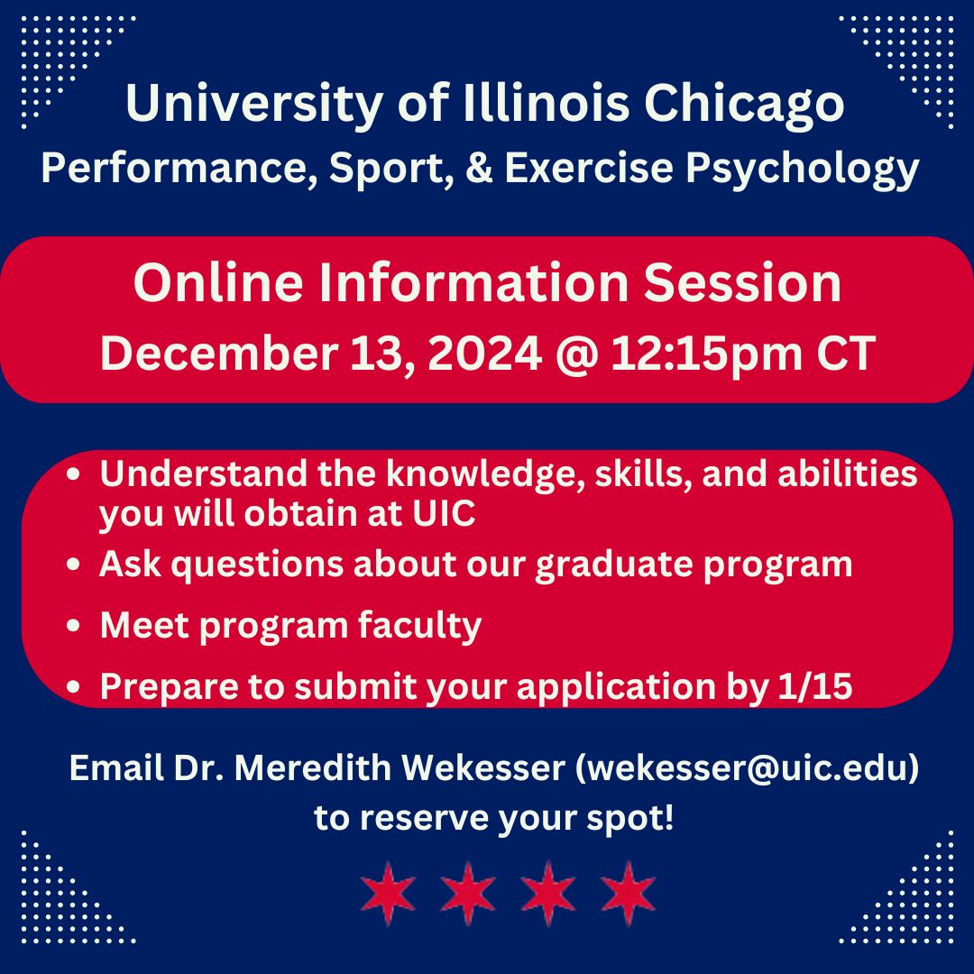 The University of Illinois Chicago offers a Master of Science in Kinesiology degree with a concentration in Performance, Sport, and Exercise Psychology. Join the online info session on December 13 at 12:15pm to learn more! 💙 #core