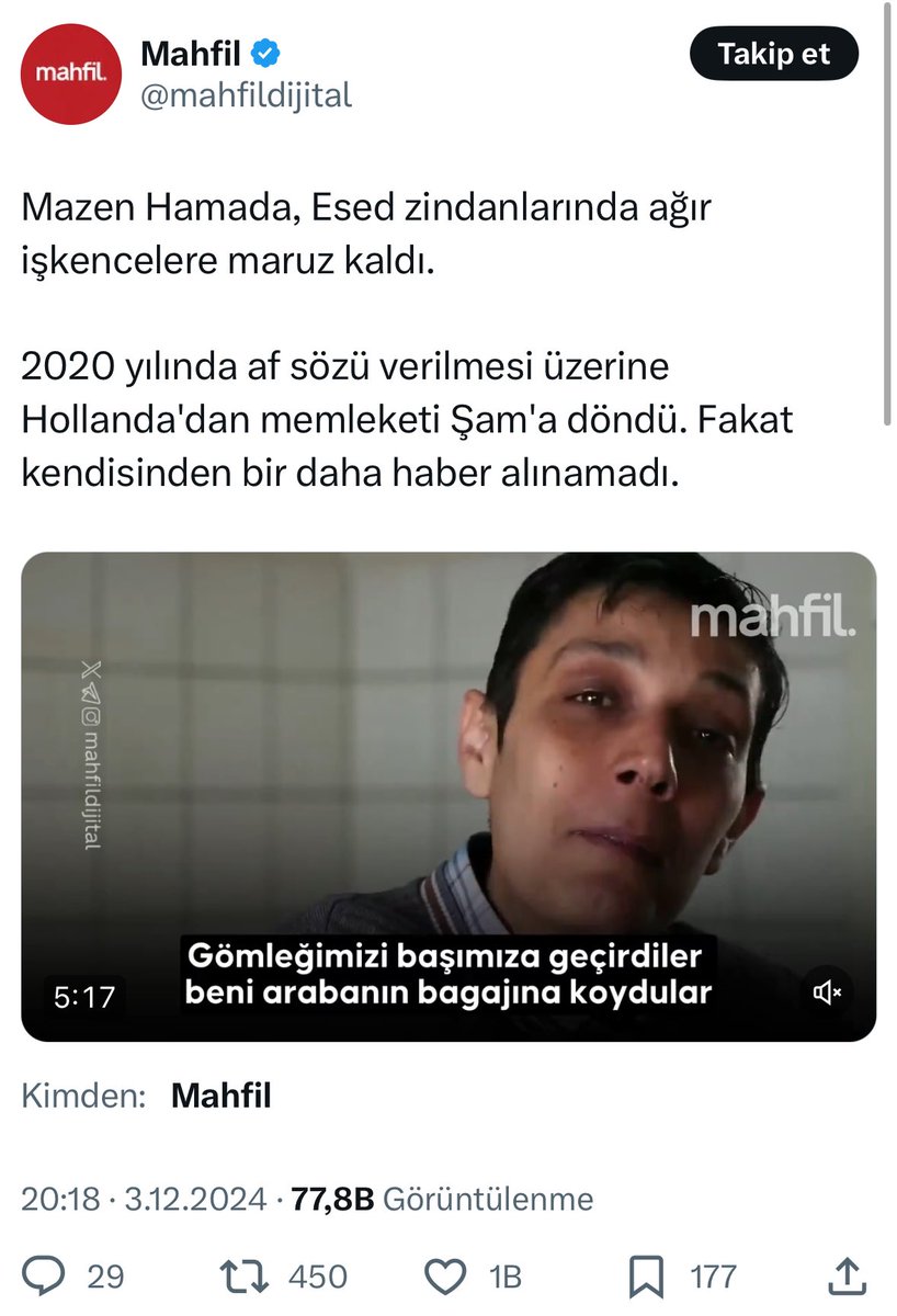 sametdgn1's tweet photo. Üzüldüm, Suriyeli ünlü aktivist Mazen Hamadi’nin Sednaya hapishanesinde cesedi bulundu. Ağır işkenceyle öldürülmüş. Eğer affa inanarak Suriyeliler dönseydi sonuç bu olacaktı. https://t.co/4Ev3biOs8m